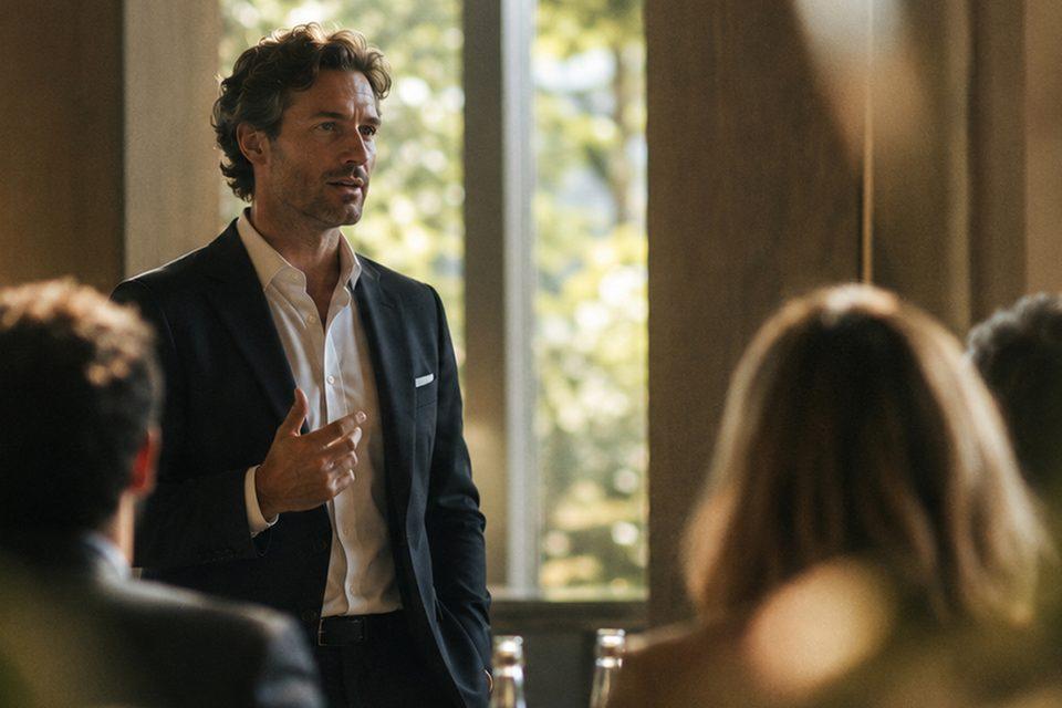 A hotel team meeting in a daylit room, one person speaking to seated colleagues